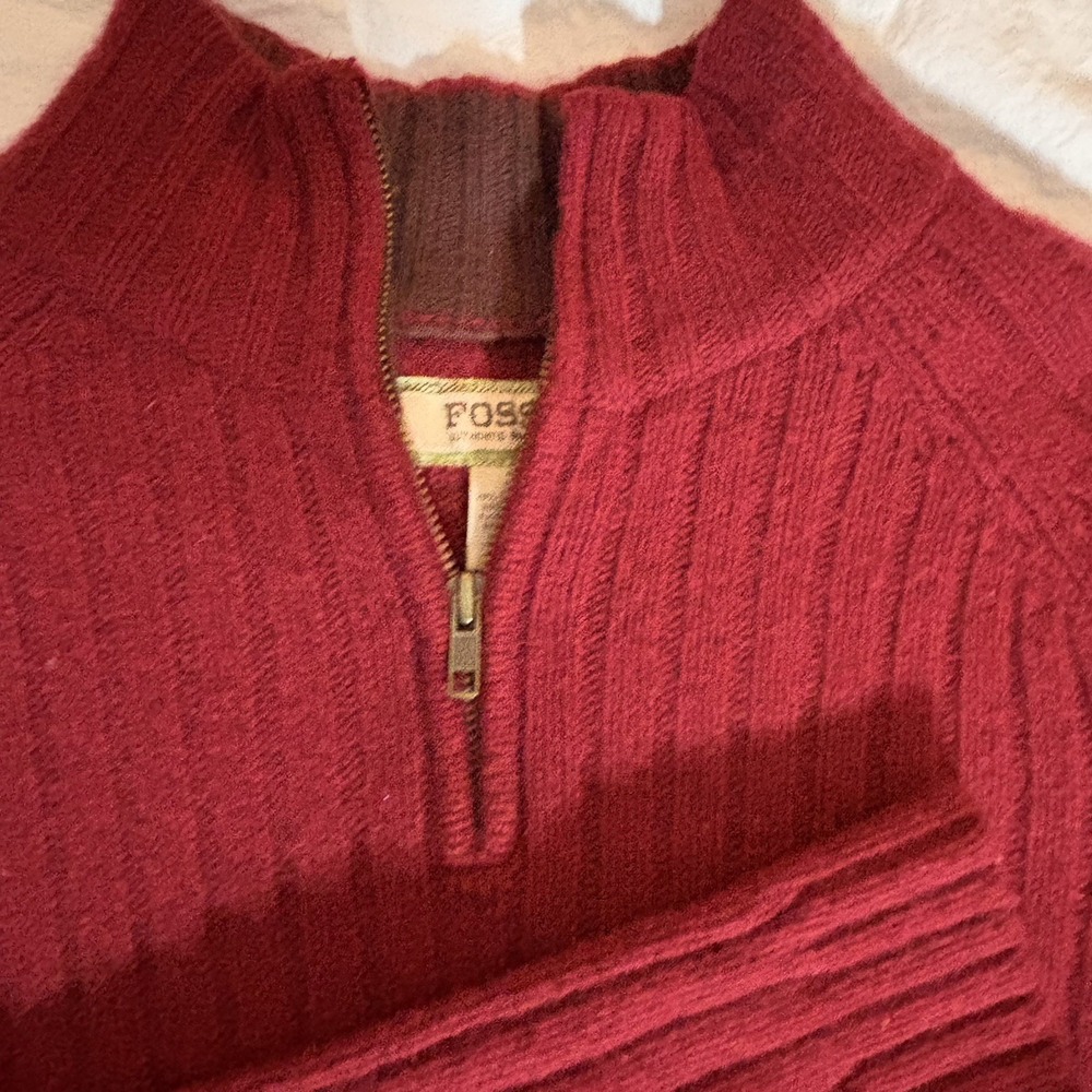 VTG Fossil 1/4 zip ribbed pullover Ribbed Elbow Patch Wool Blend Mens Sz L Red - Picture 3 of 7